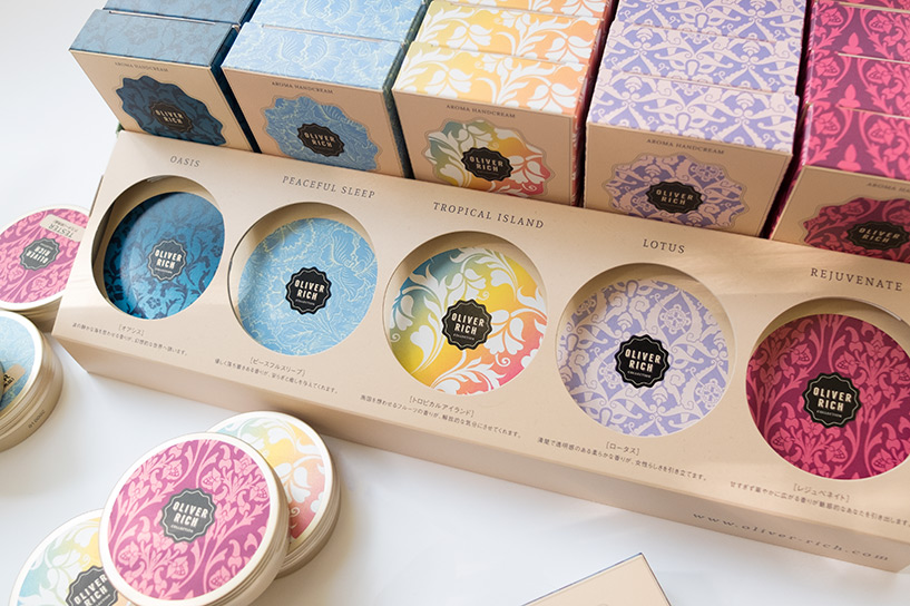 Design packaging et présentoir crèmes pour les mains Oliver Rich